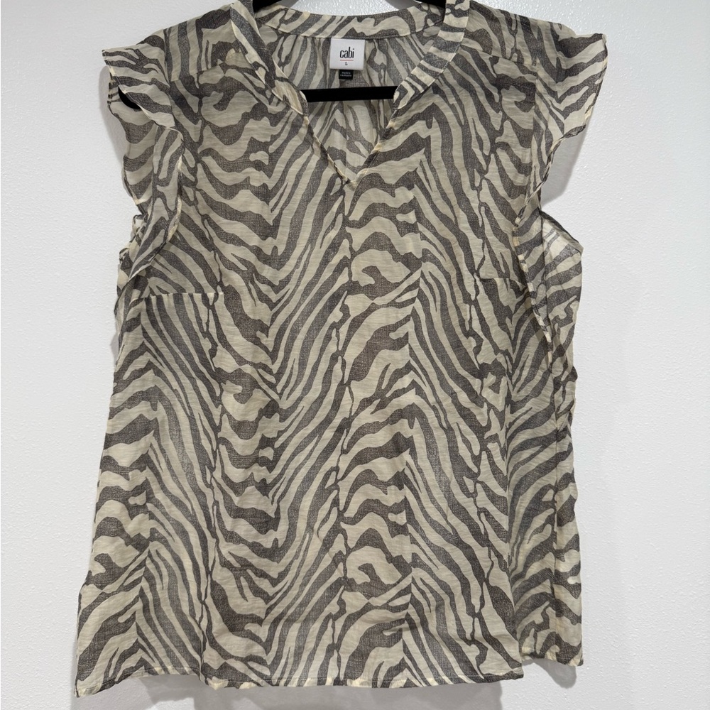 CAbi Neutral Zebra Print V-Neck Sleeveless Top